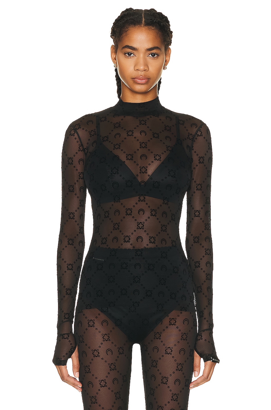 Image 1 of Marine Serre Regenerated Moonogram Mesh Flock Top in Black