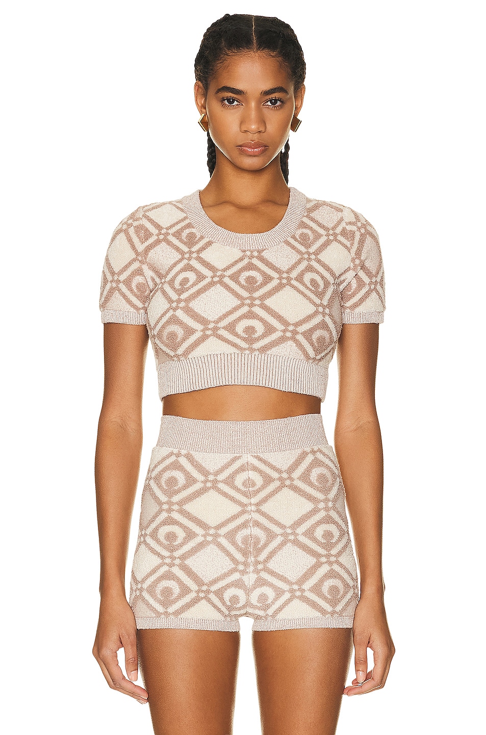 Image 1 of Marine Serre Chunky Jacquard Knit Crop Top in Beige