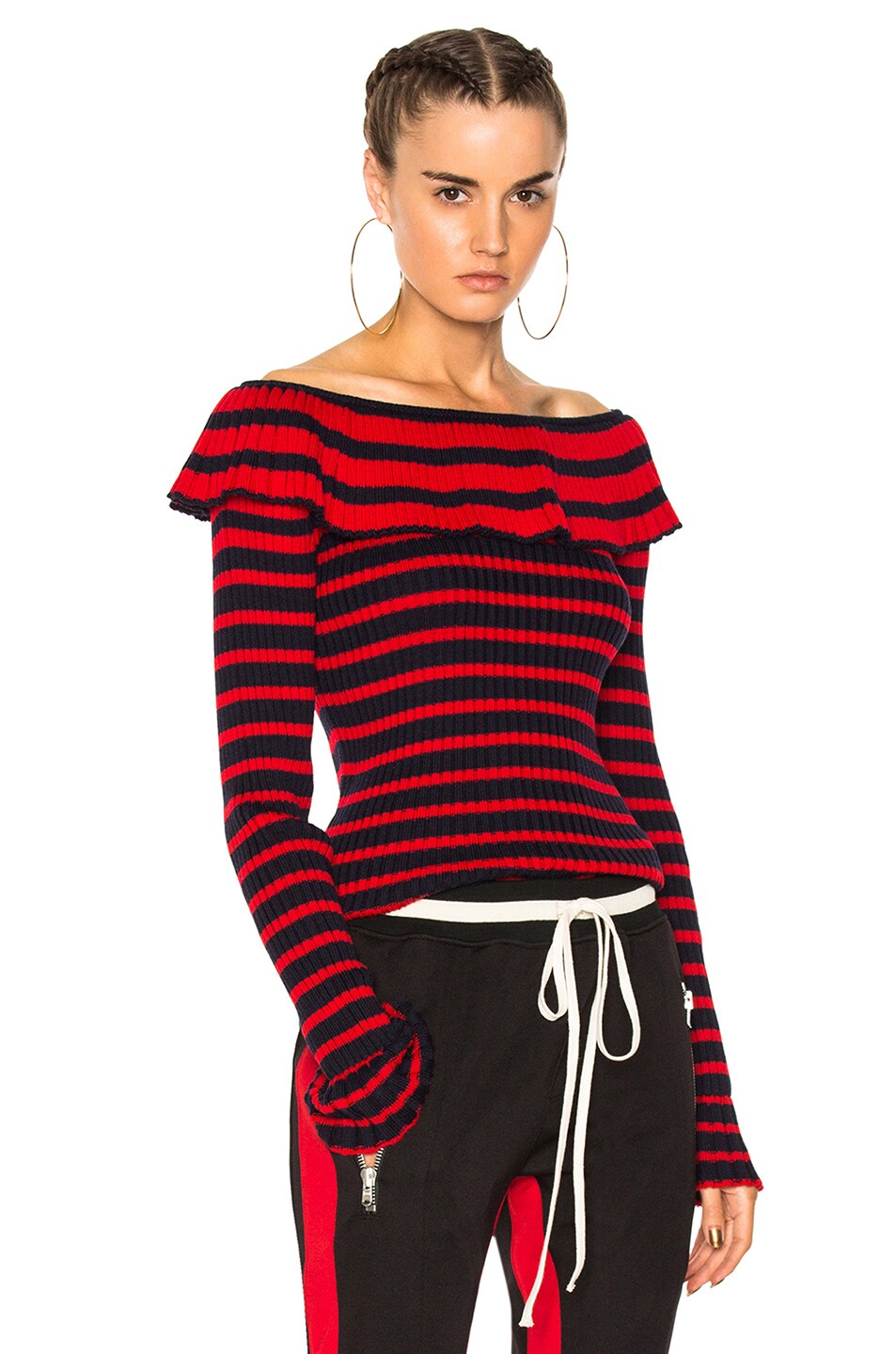 Image 1 of MSGM Off the Shoulder Ruffle Sweater in Blue & Cherry
