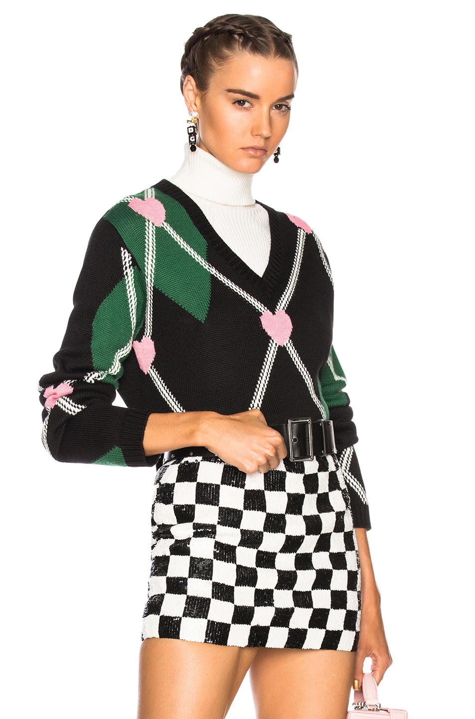 Image 1 of MSGM Argyle Sweater in Green, Black, White & Pink