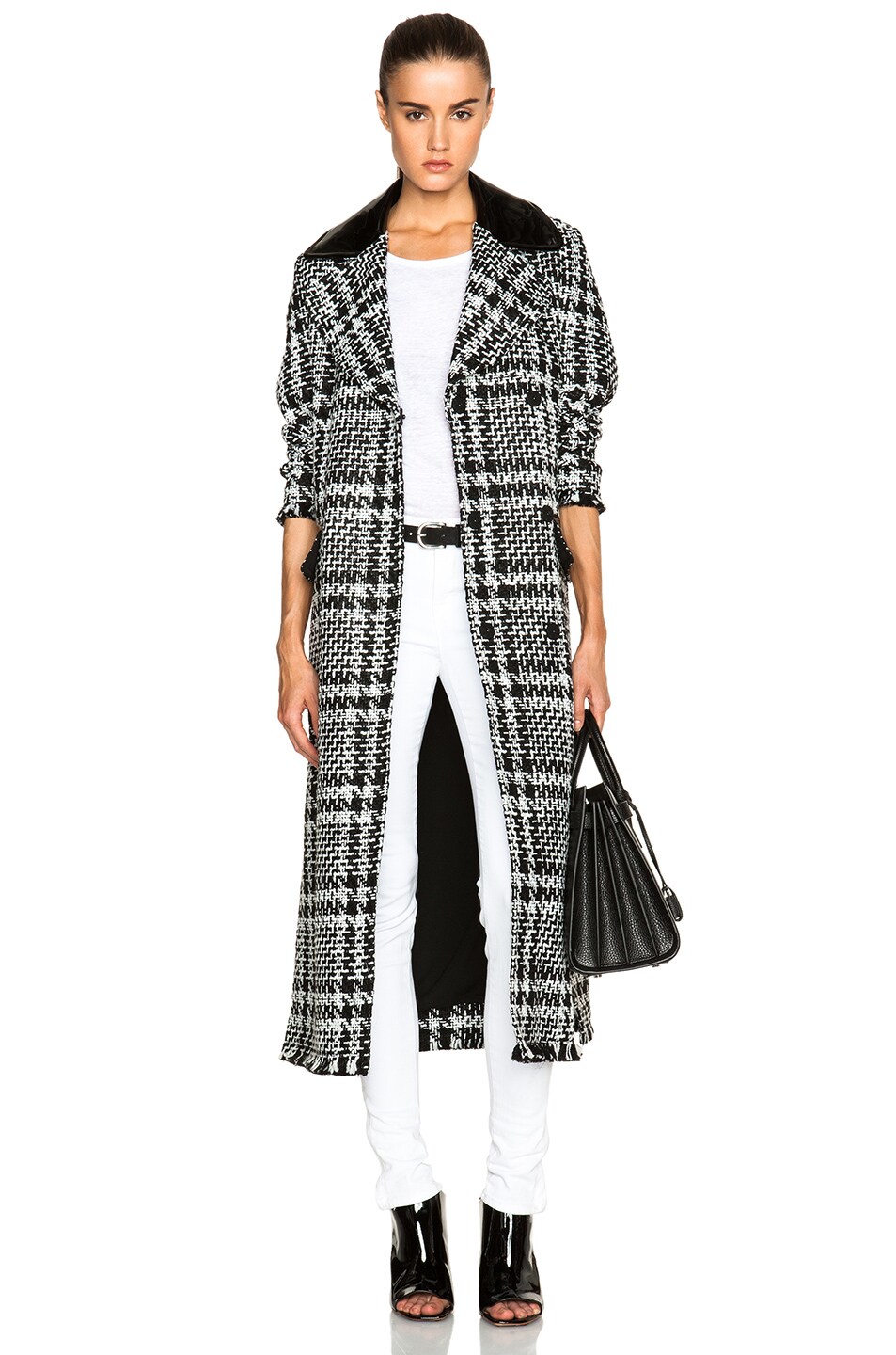 Image 1 of MSGM Optical Tweed Jacket with Patent Leather Collar in Black & White