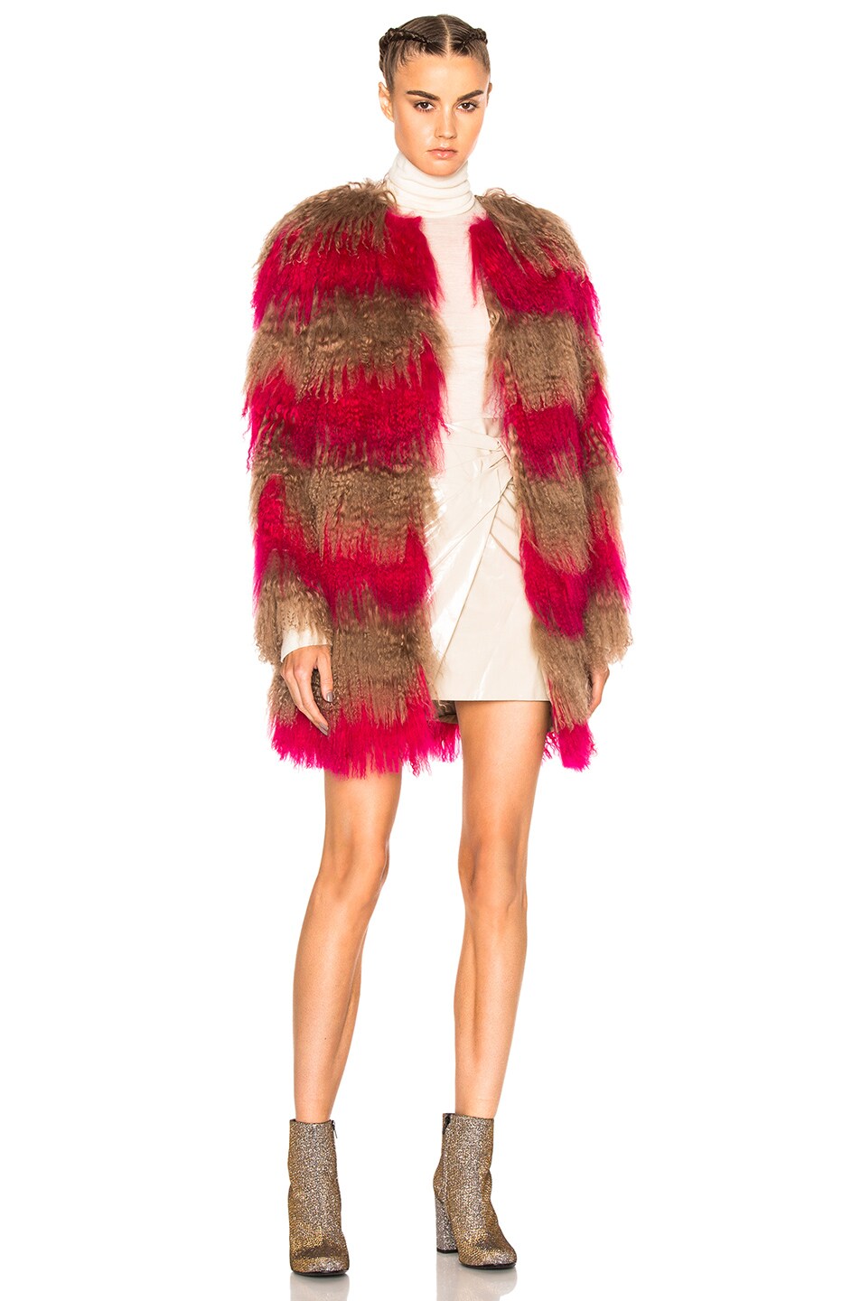 Image 1 of MSGM Stripe Fur Coat in Beige & Pink