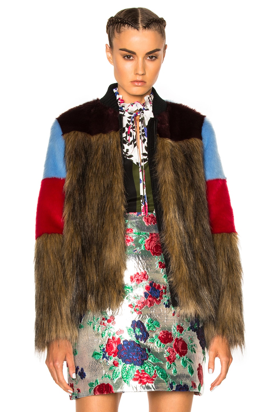 Image 1 of MSGM Colorblock Faux Fur Jacket in Brown Multi