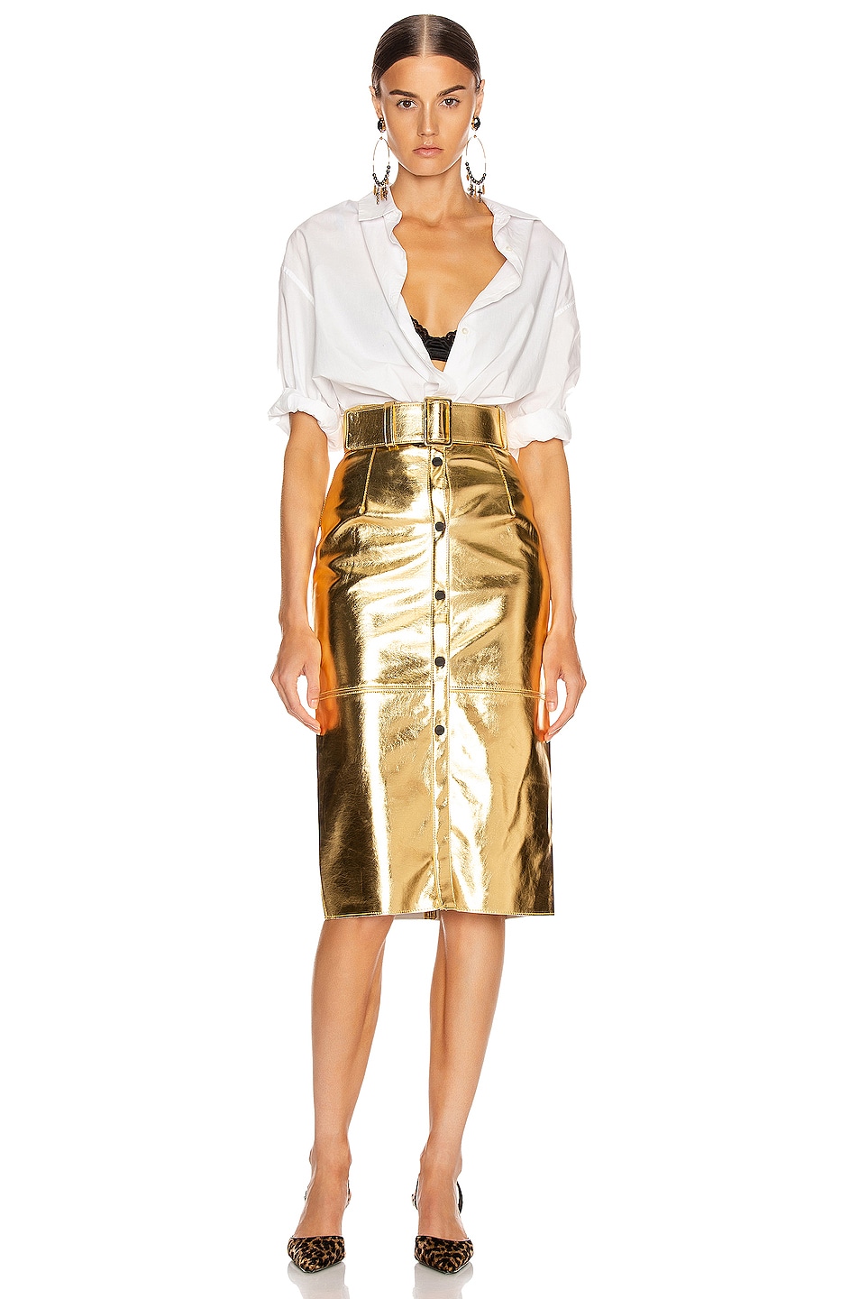 MSGM Long Metallic Skirt in Gold | FWRD