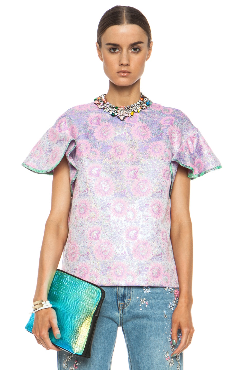 Image 1 of MSGM Metallic Ruffle Sleeve Poly-Blend Top in Pink & Purple