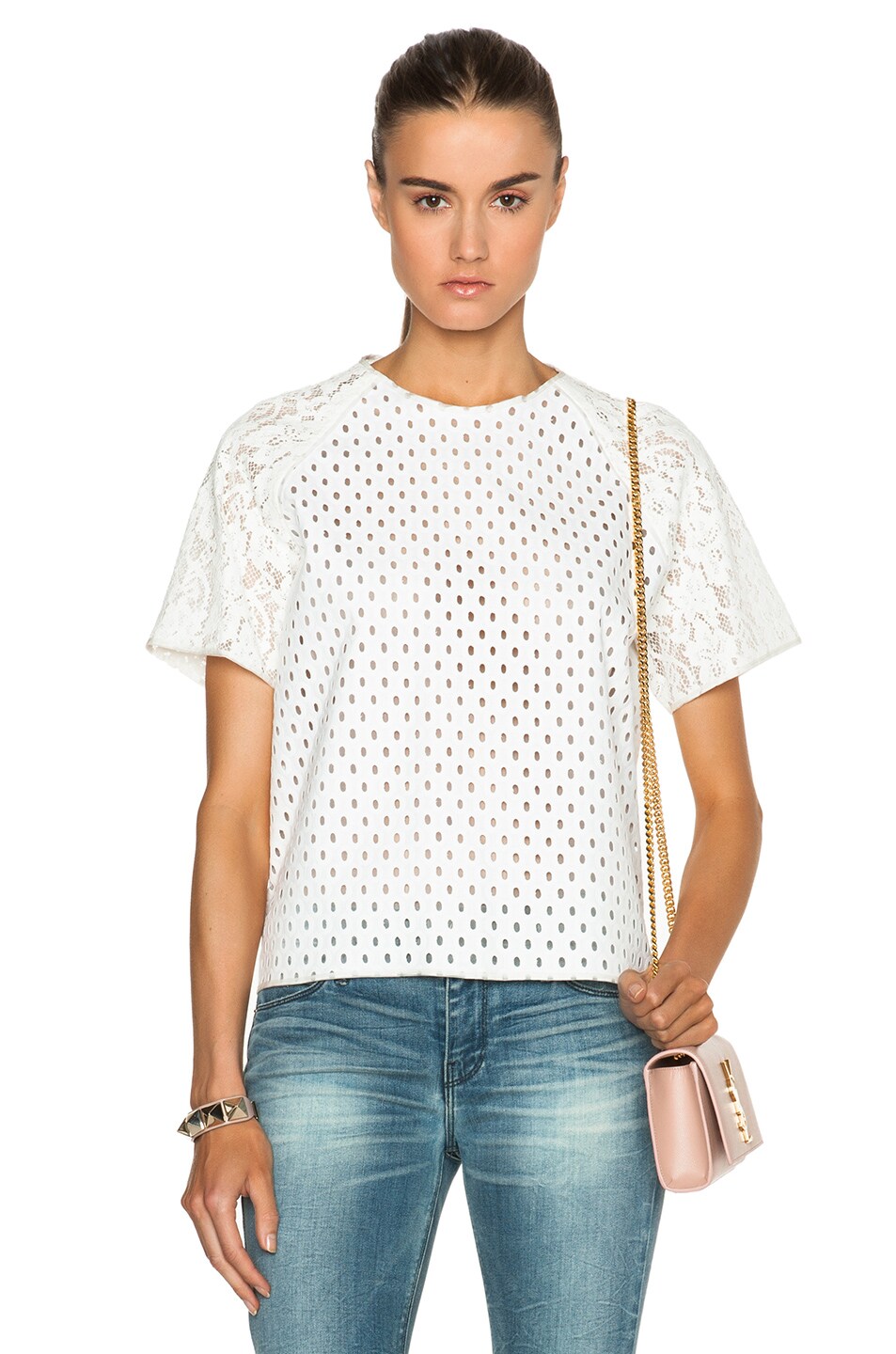 Image 1 of MSGM Embroidered Lace Sleeve Tee in White