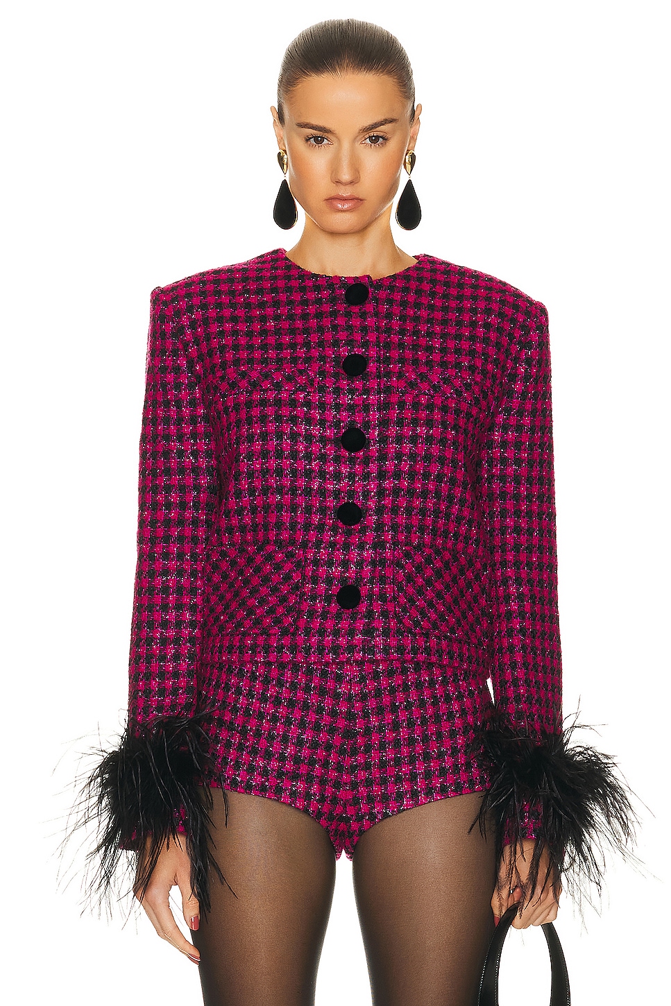 Image 1 of MARIANNA SENCHINA Scarlett Feather Trimmed Jacket in Fuchsia Pied-de-poule