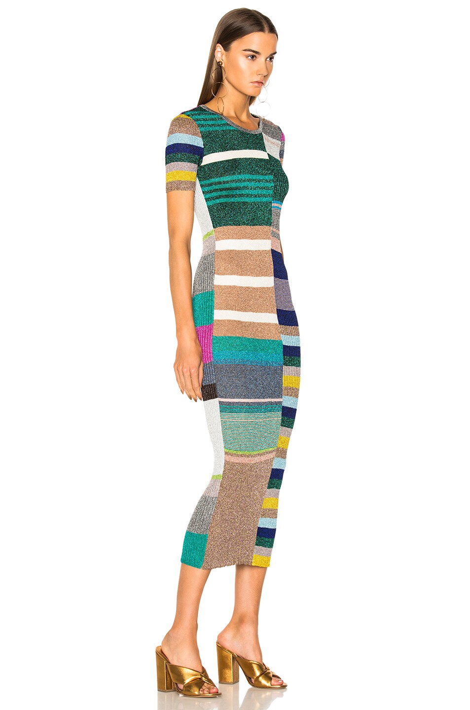 MISSONI Short Sleeve Printed Knit Maxi Dress In Green, Metallics, Pink