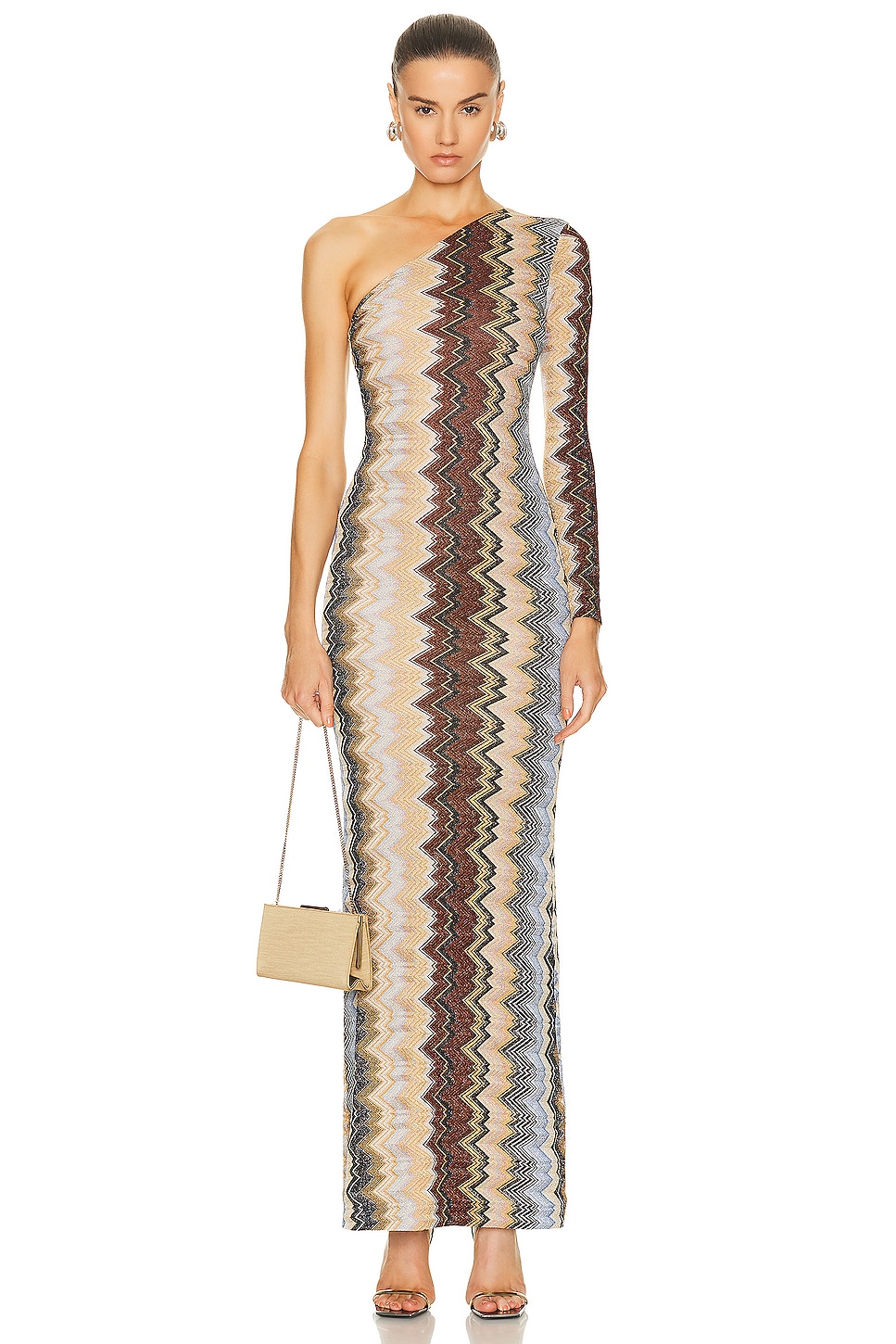 Image 1 of Missoni One Shoulder Long Dress in Multi Zig Zag Brown Base