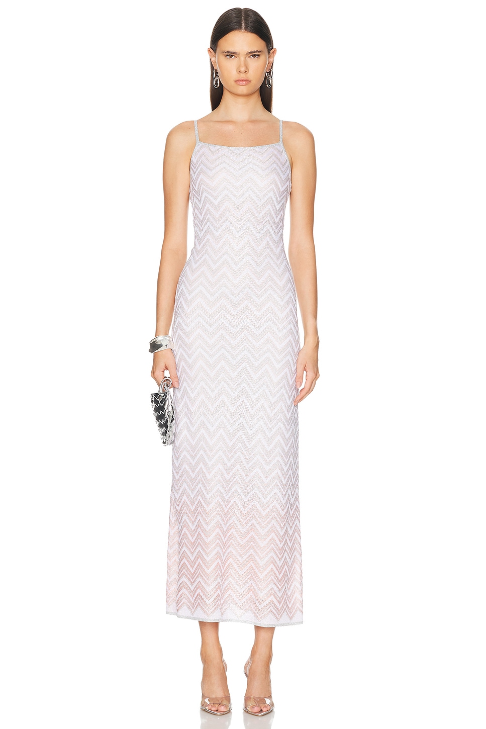 Image 1 of Missoni Nuanced Zig Zag Sleeveless Long Dress in Pastel Pink & White