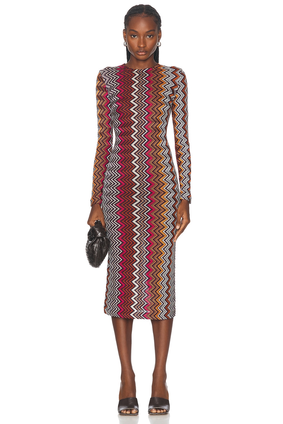 Image 1 of Missoni Long Sleeve Crewneck Midi Dress in Black, Pink, White, & Rust