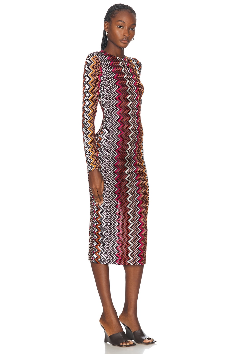 Shop Missoni Long Sleeve Crewneck Midi Dress In Black  Pink  White  & Rust