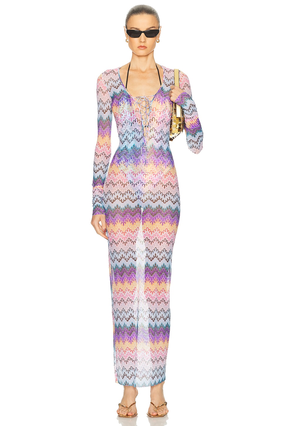 Image 1 of Missoni Zig Zag Tie Long Cover Up Dress in Multicolor Lace