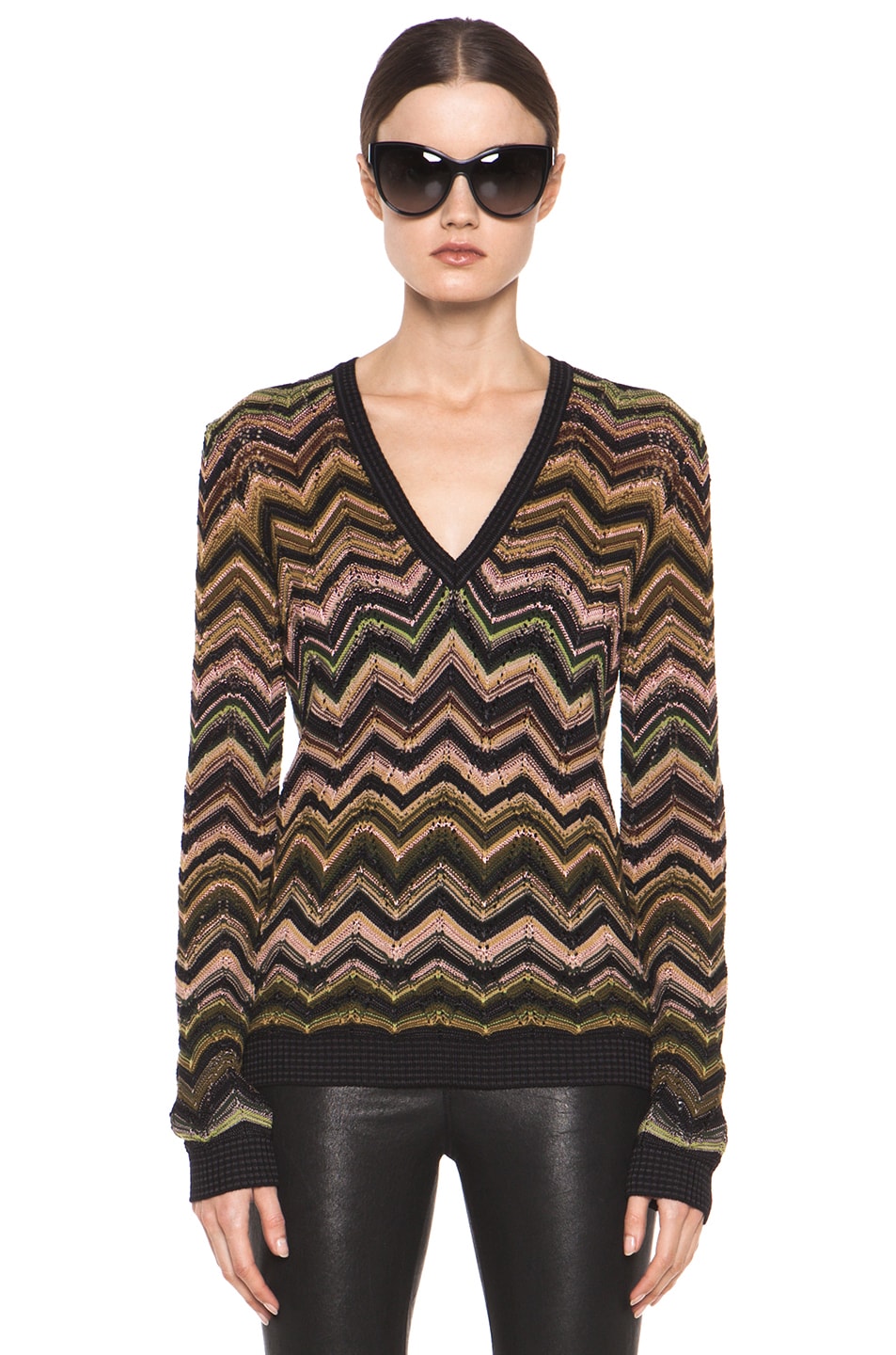 Image 1 of Missoni Fitted V Neck Sweater in Green Multi