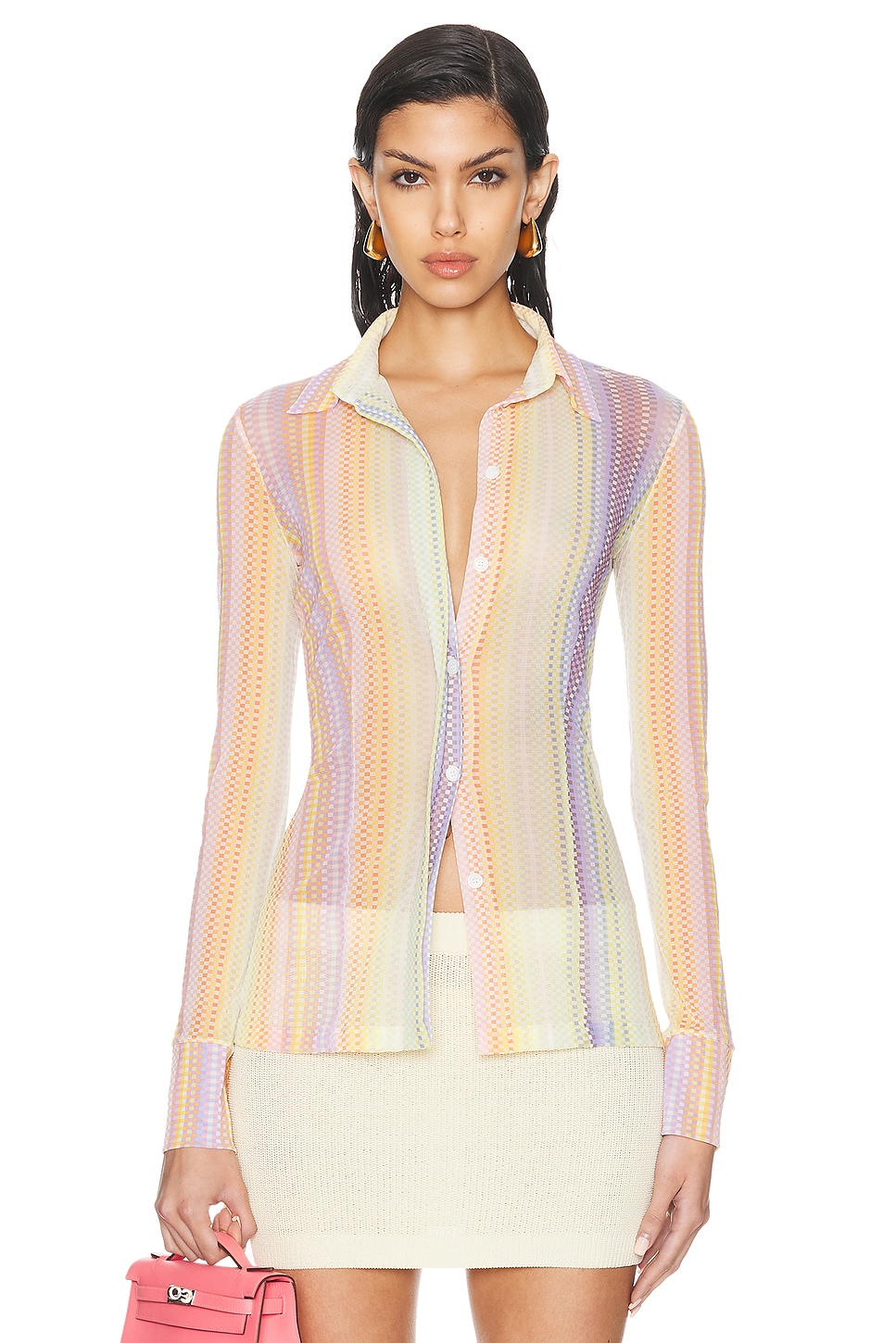 Image 1 of Missoni Long Sleeve Shirt in Multicolor White, Orange, Green, & Pink