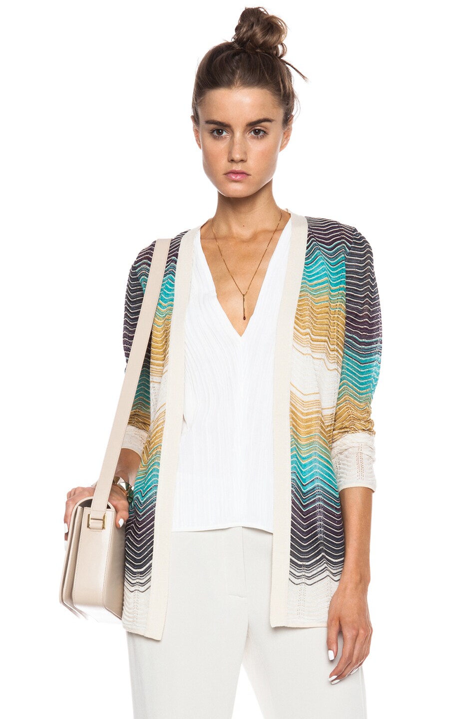 Image 1 of M Missoni Color Block Ripple Knit Viscose-Blend Cardigan in White