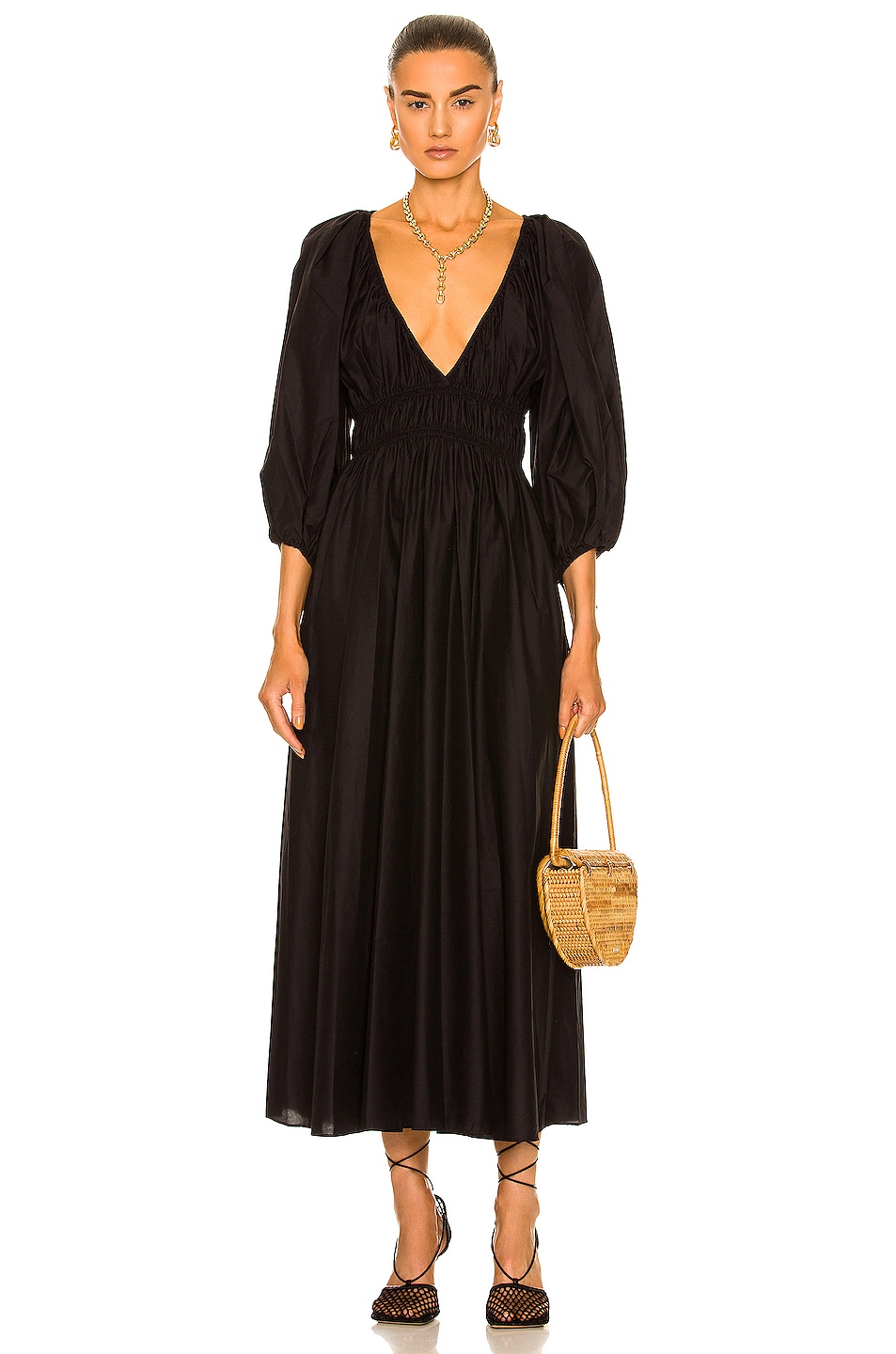 Image 1 of Matteau Shirred Plunge Maxi Dress in Black