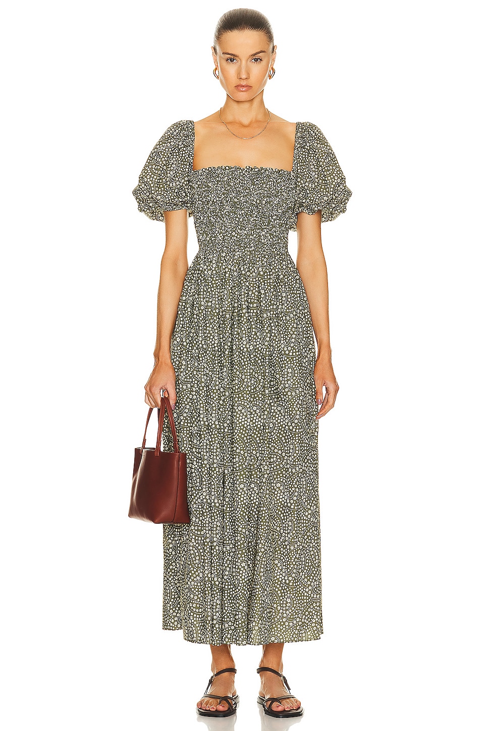 Image 1 of Matteau Shirred Bodice Peasant Dress in Jasmine Olive