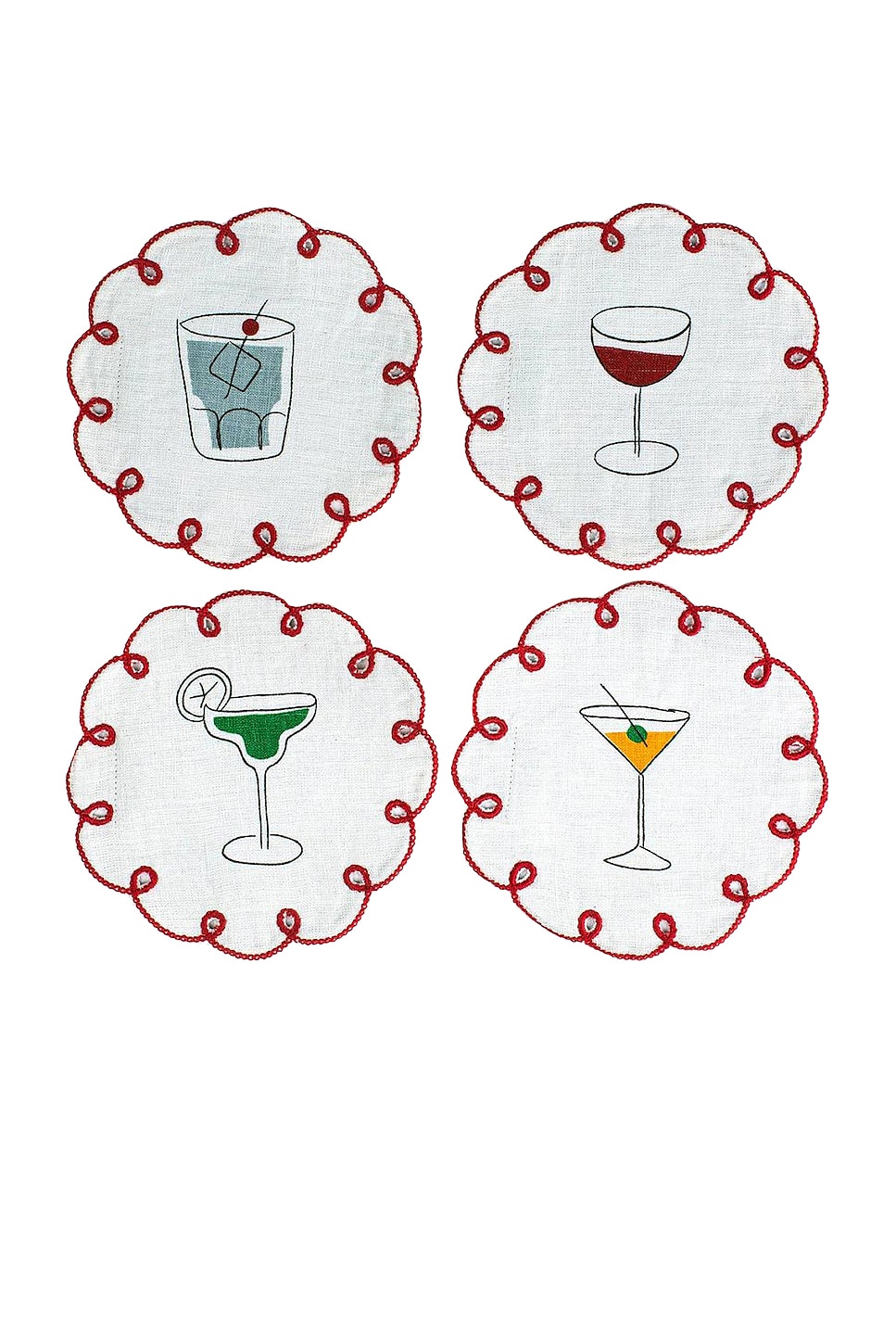 Image 1 of Misette Embroidered Linen Coasters Set Of 4 in Red, Blue, Amber, & Green
