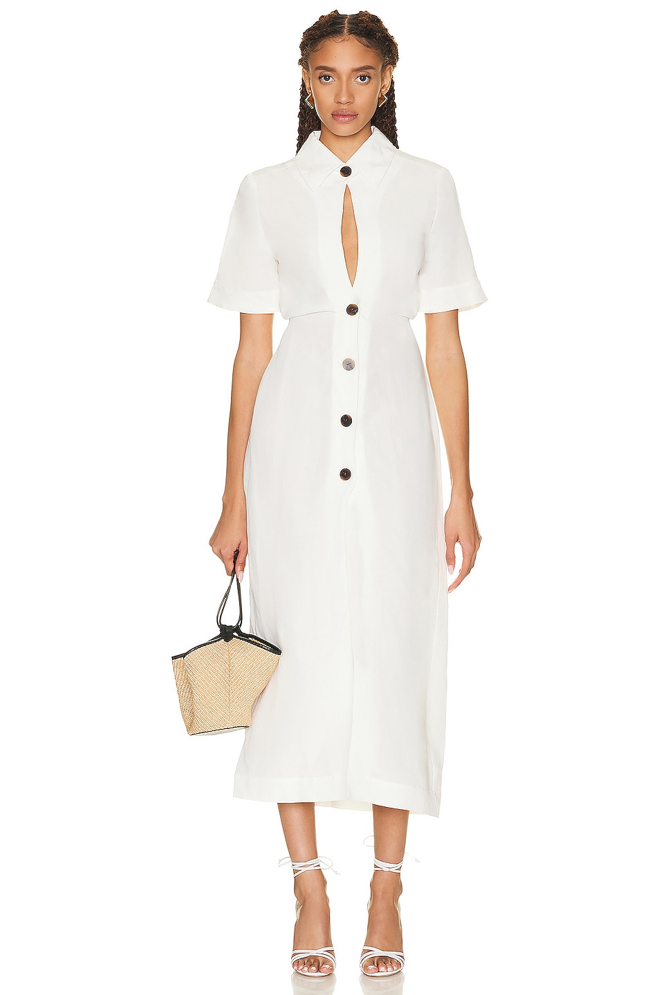 Image 1 of MATTHEW BRUCH Blouson Midi Shirt Dress in White Viscose Linen