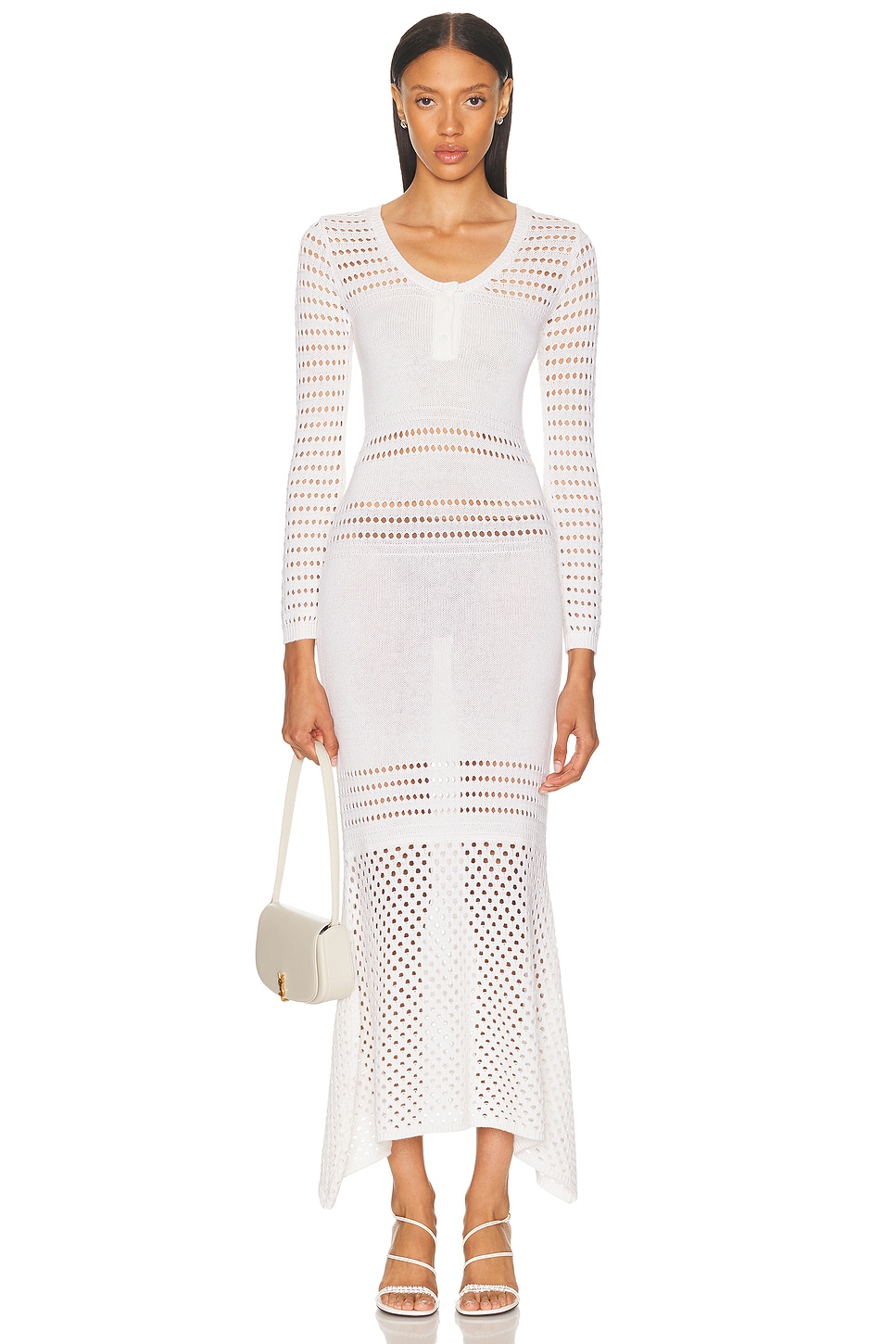 Striped Mesh Handkerchief Midi Dress in White