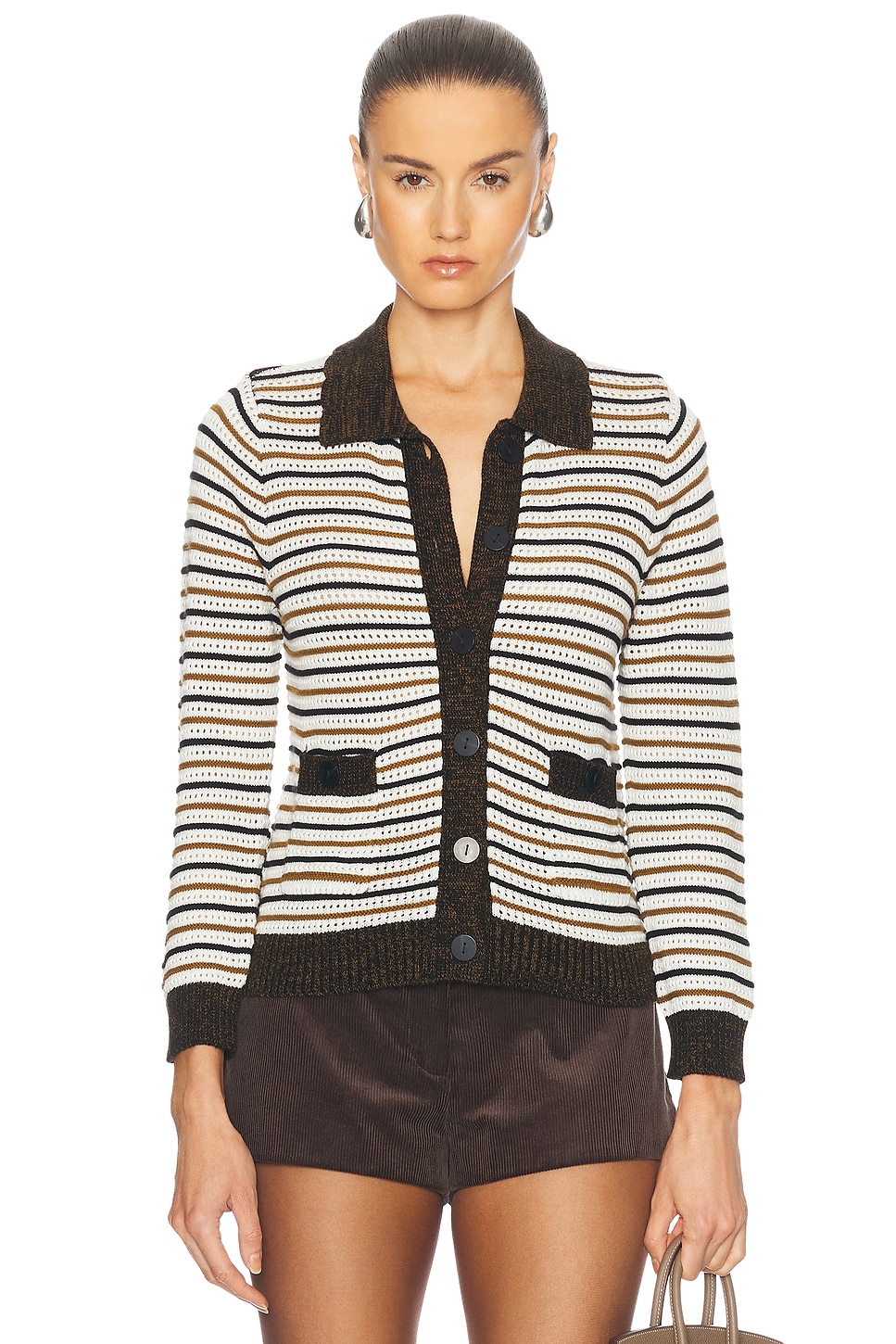 Striped Mesh Cardigan in Cream,Olive