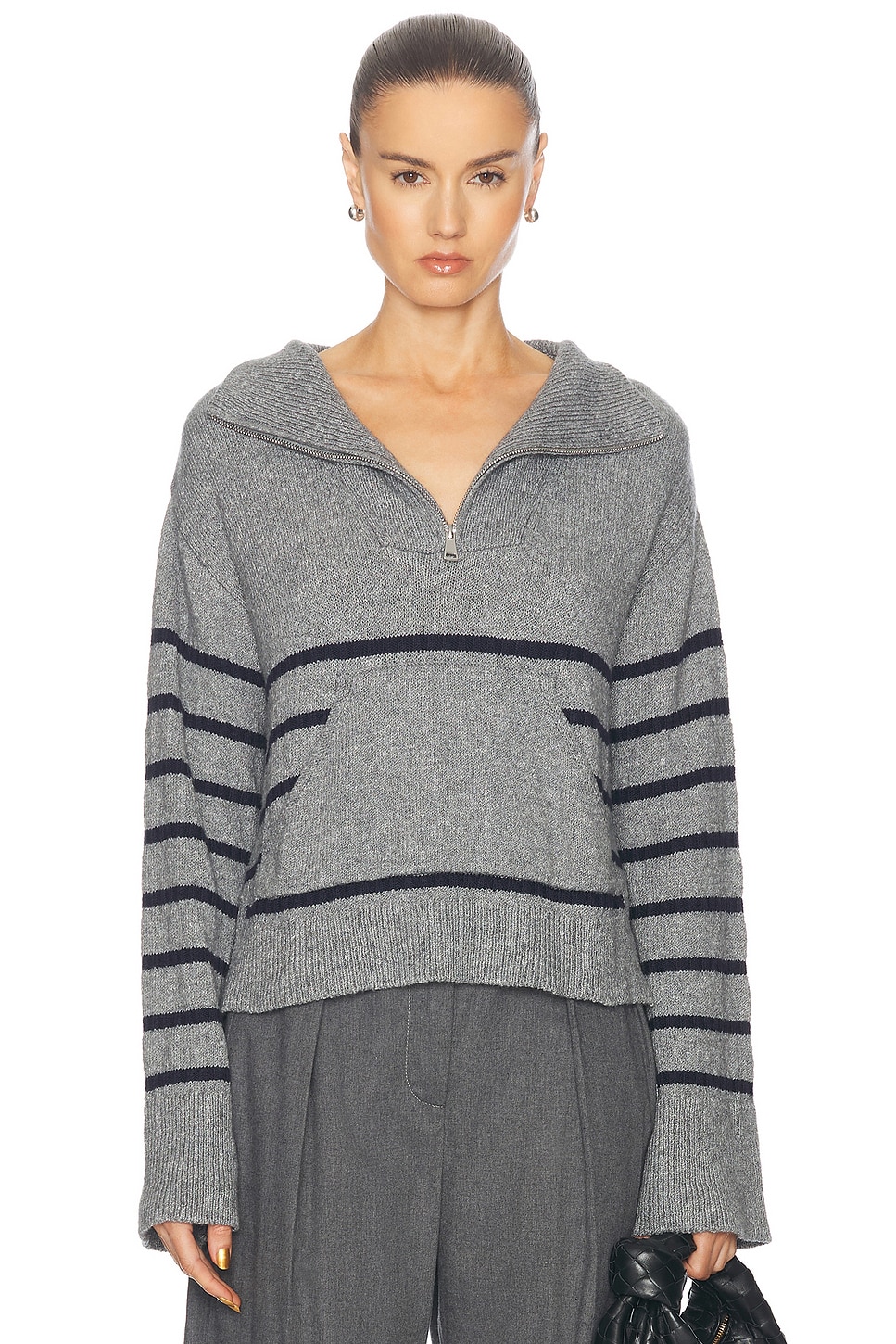 Image 1 of MATTHEW BRUCH Quarter Zip Striped Knit Pullover Sweater in Charcoal Knit