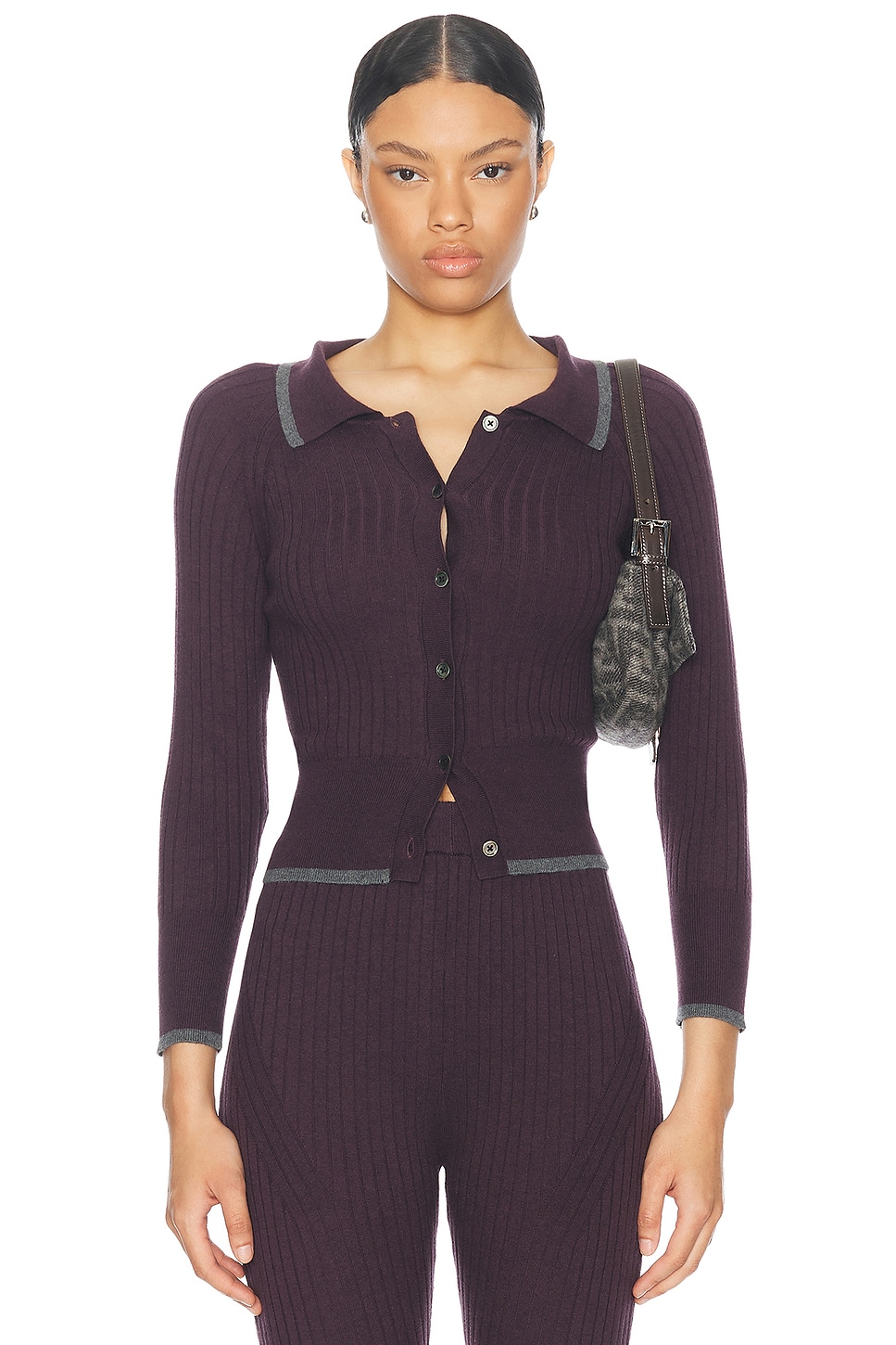 Image 1 of MATTHEW BRUCH Rib Knit Cropped Cardigan in Eggplant Knit