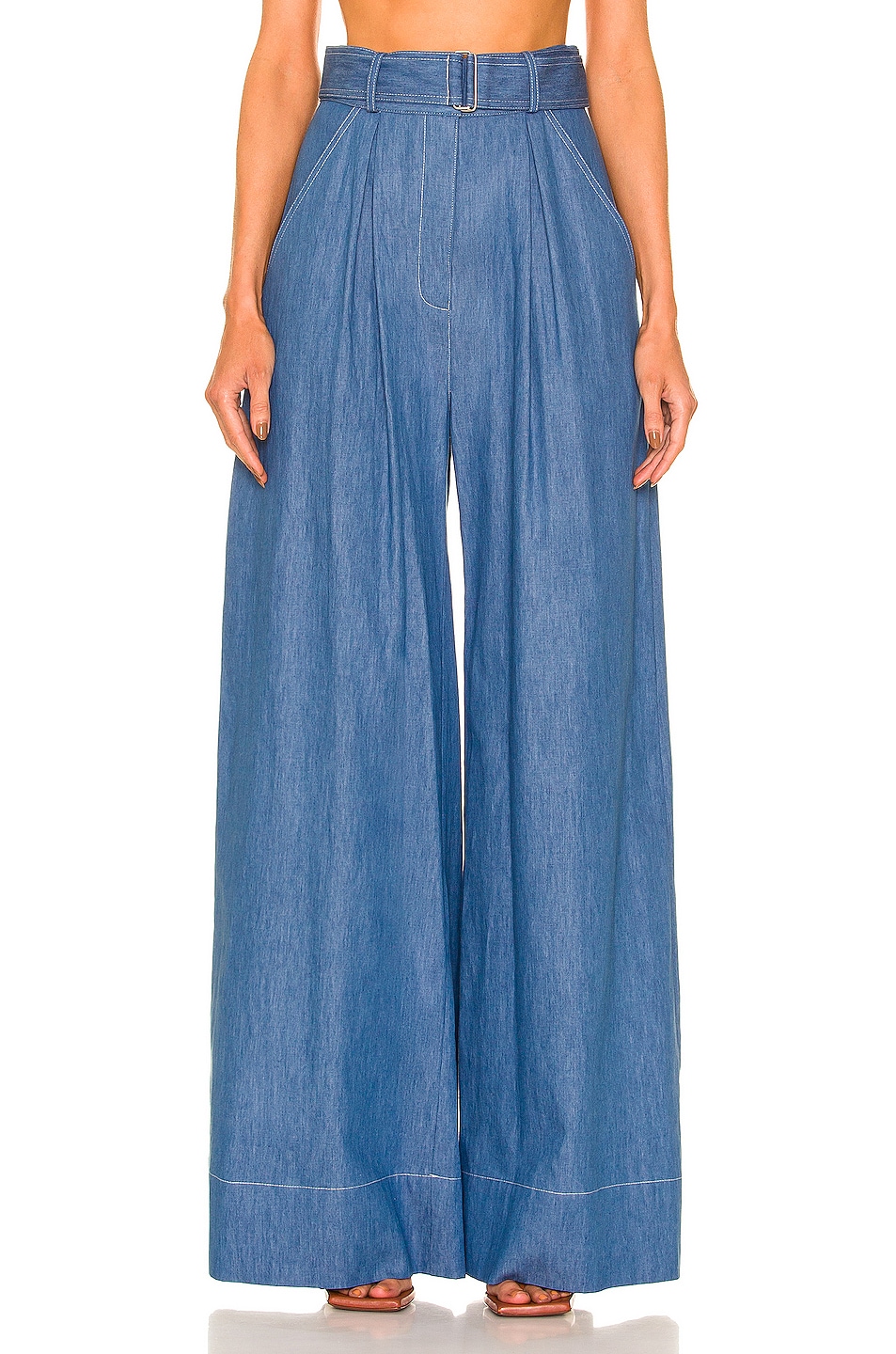 Image 1 of MATTHEW BRUCH Wide Leg Pleated Pant in Washed Denim
