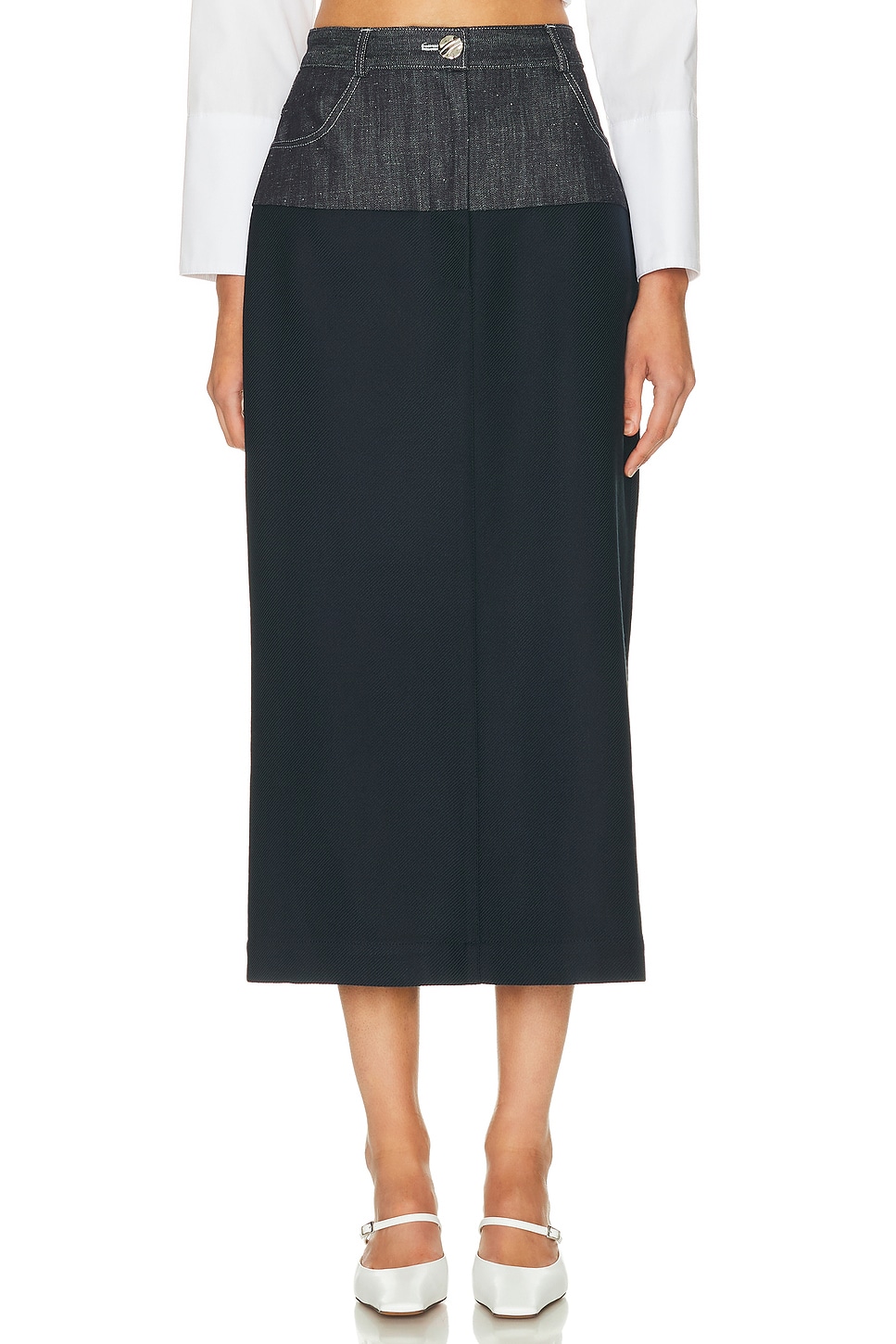 Matthew Bruch Denim Combo Midi Skirt In Blue