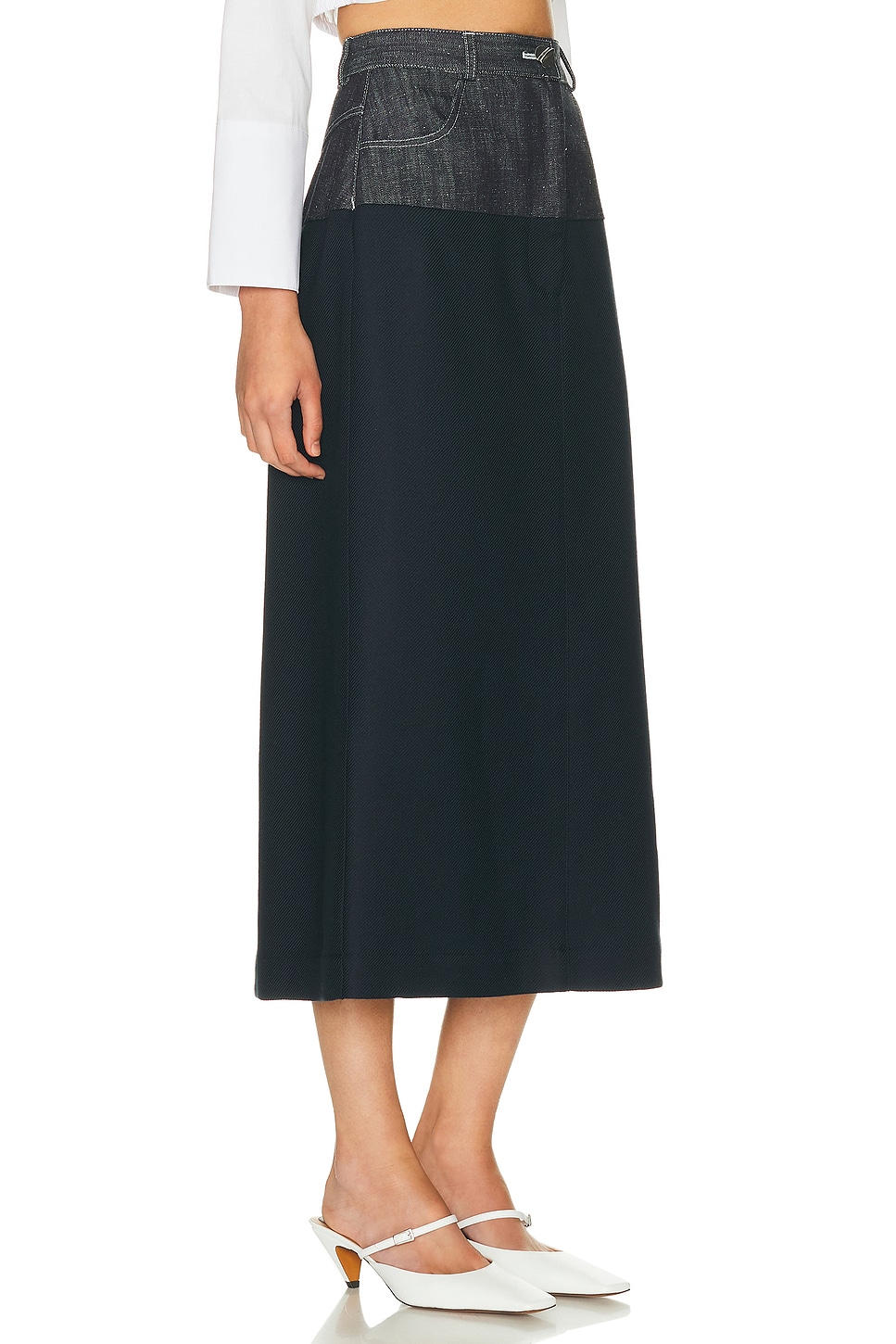 Matthew Bruch Denim Combo Midi Skirt In Blue