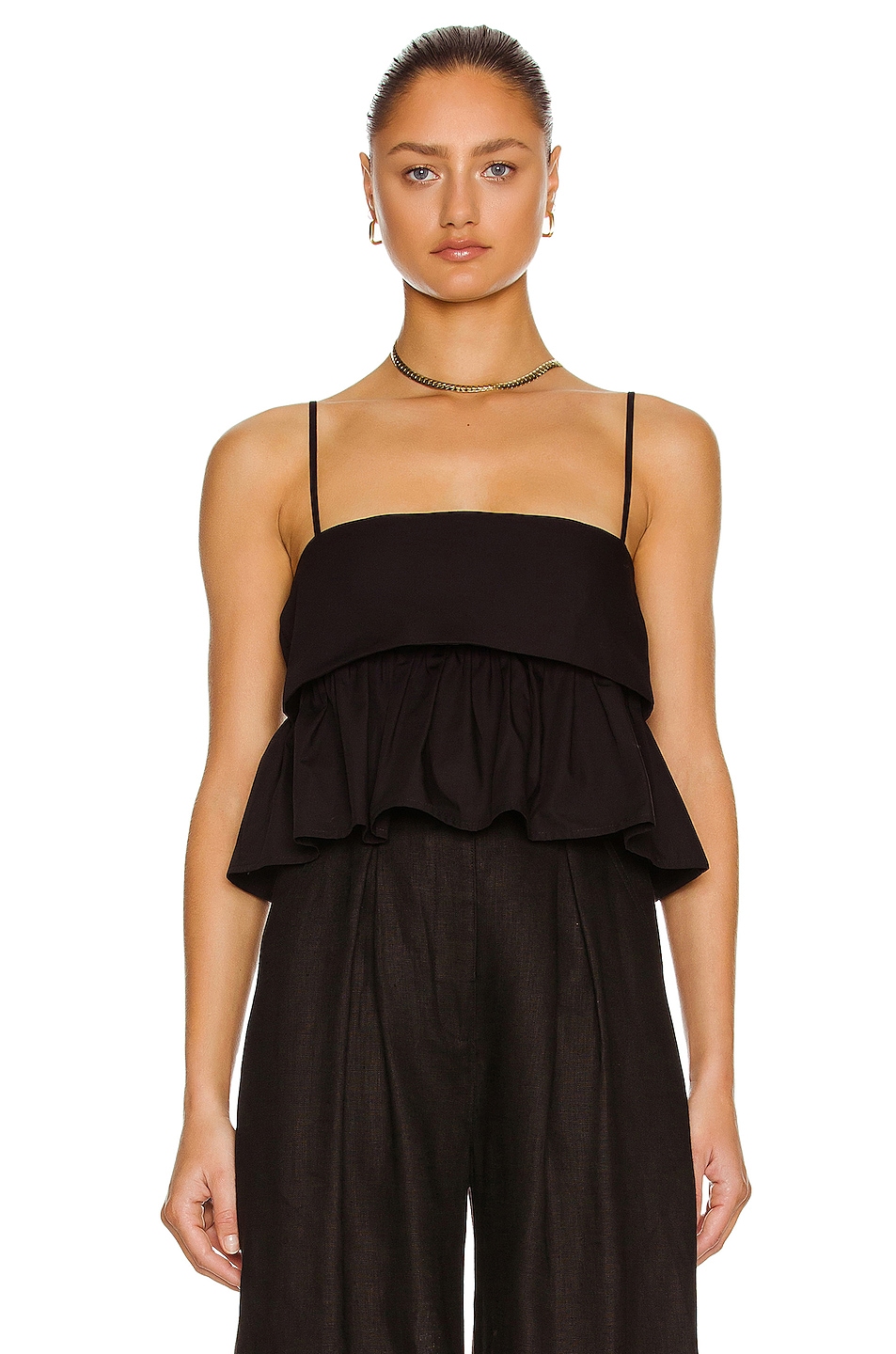 Image 1 of MATTHEW BRUCH for FWRD Structure Bandeau Ruffle Top in Black Poplin