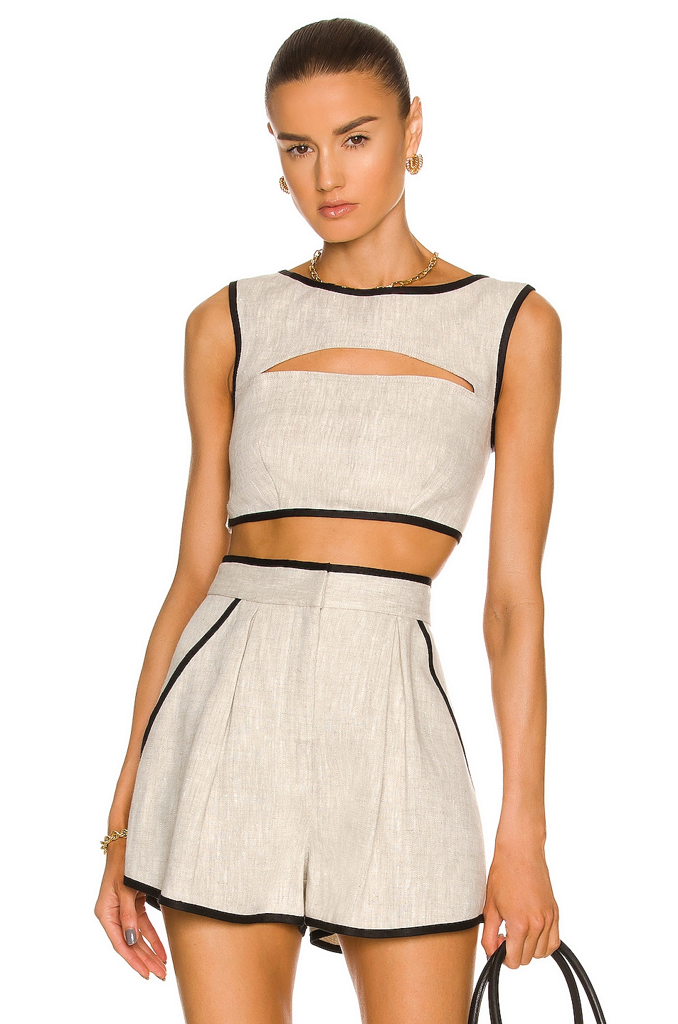 Image 1 of MATTHEW BRUCH Bound Cutout Crop Top in Oatmeal & Black