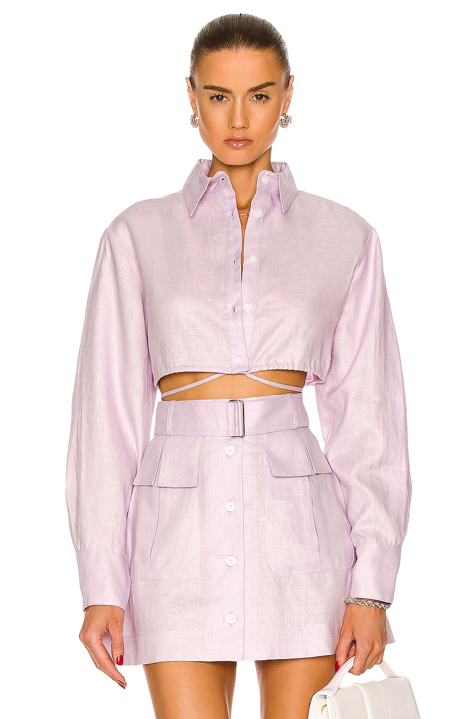 Image 1 of MATTHEW BRUCH Long Sleeve Cropped Button Down Shirt in Lavender Linen