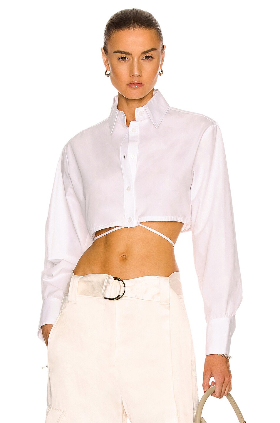 Image 1 of MATTHEW BRUCH Long Sleeve Cropped Button Down Shirt in White Poplin
