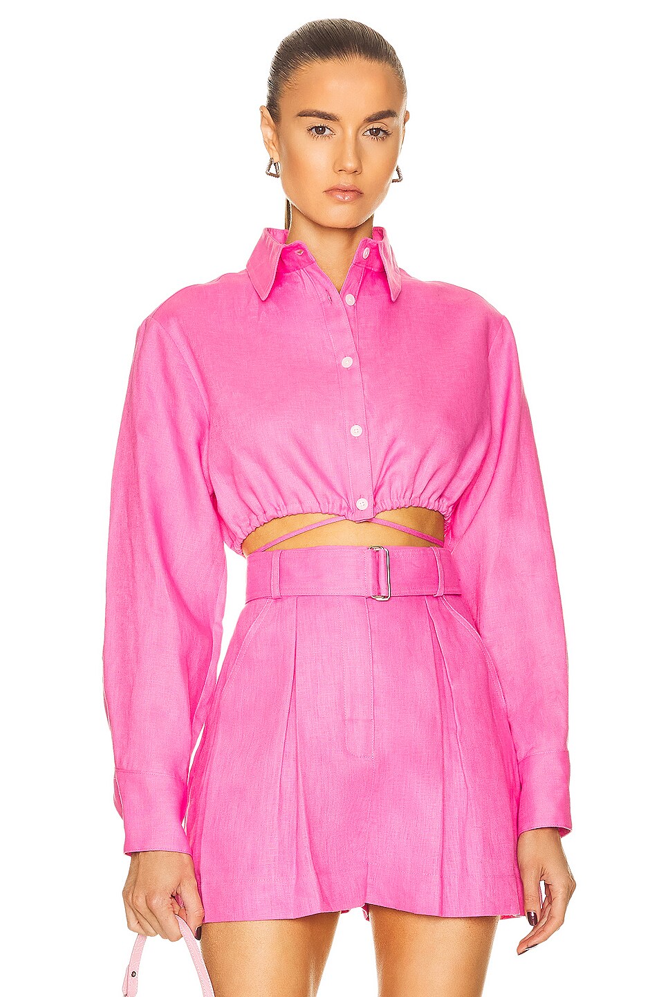 MATTHEW BRUCH for FWRD Long Sleeve Cropped Button Down Top in Hot Pink ...