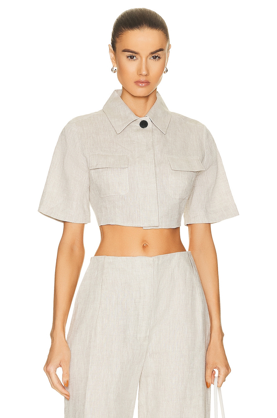 Image 1 of MATTHEW BRUCH Cargo Button Up Crop Top in Oatmeal