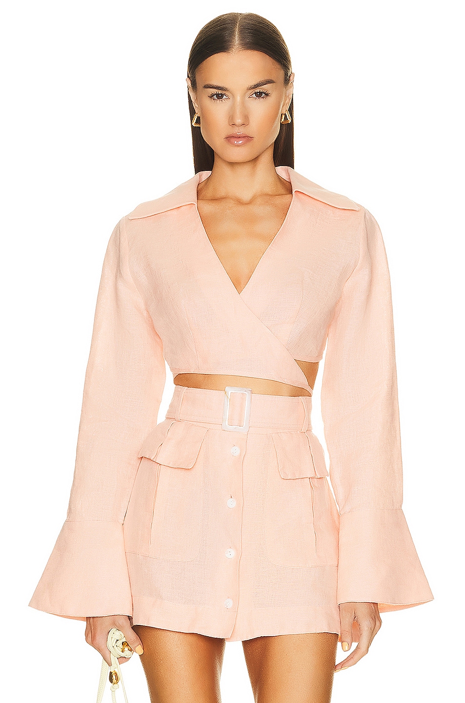 Long Sleeve Wrap Crop Top in Peach