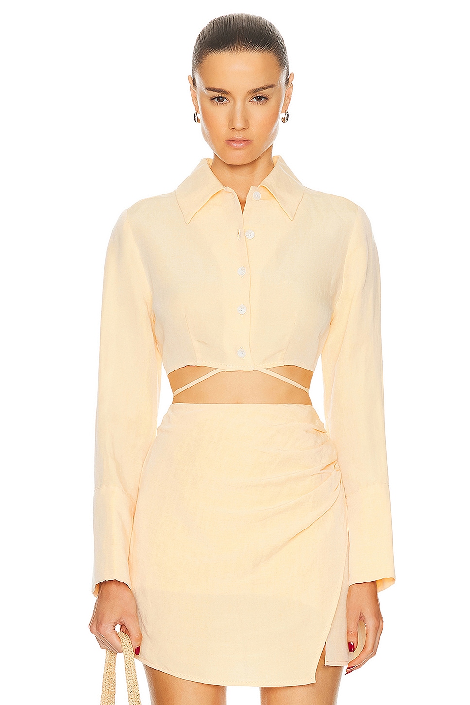 Image 1 of MATTHEW BRUCH Long Sleeve Cropped Button Up Shirt in Mango