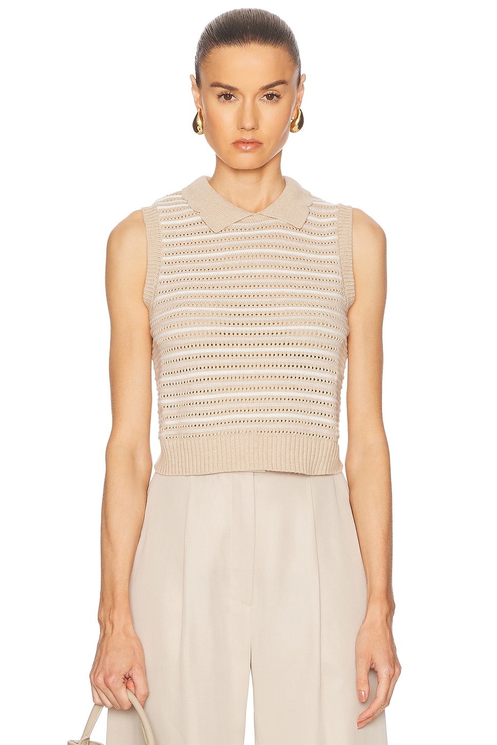 MATTHEW BRUCH STRIPED MESH COLLARED TANK TOP