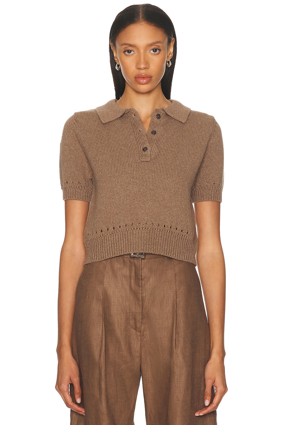 Eyelet Trim Knit Polo Top in Brown