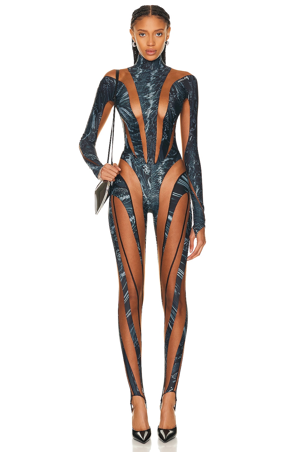 Image 1 of Mugler Long Sleeve Jumpsuit in Warped Snake Black & Nude 02