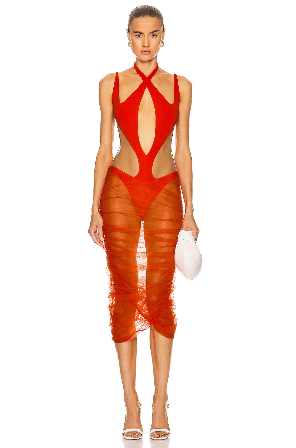 Image 1 of Mugler Cut Out Bodysuit Dress in Red & Nude 01