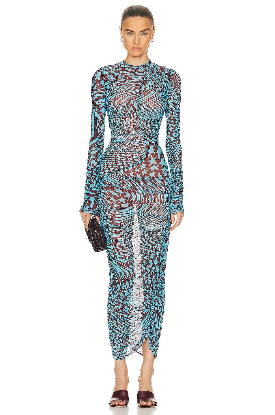 Image 1 of Mugler Printed Mesh Midi Dress in Star Cherry & Turquoise