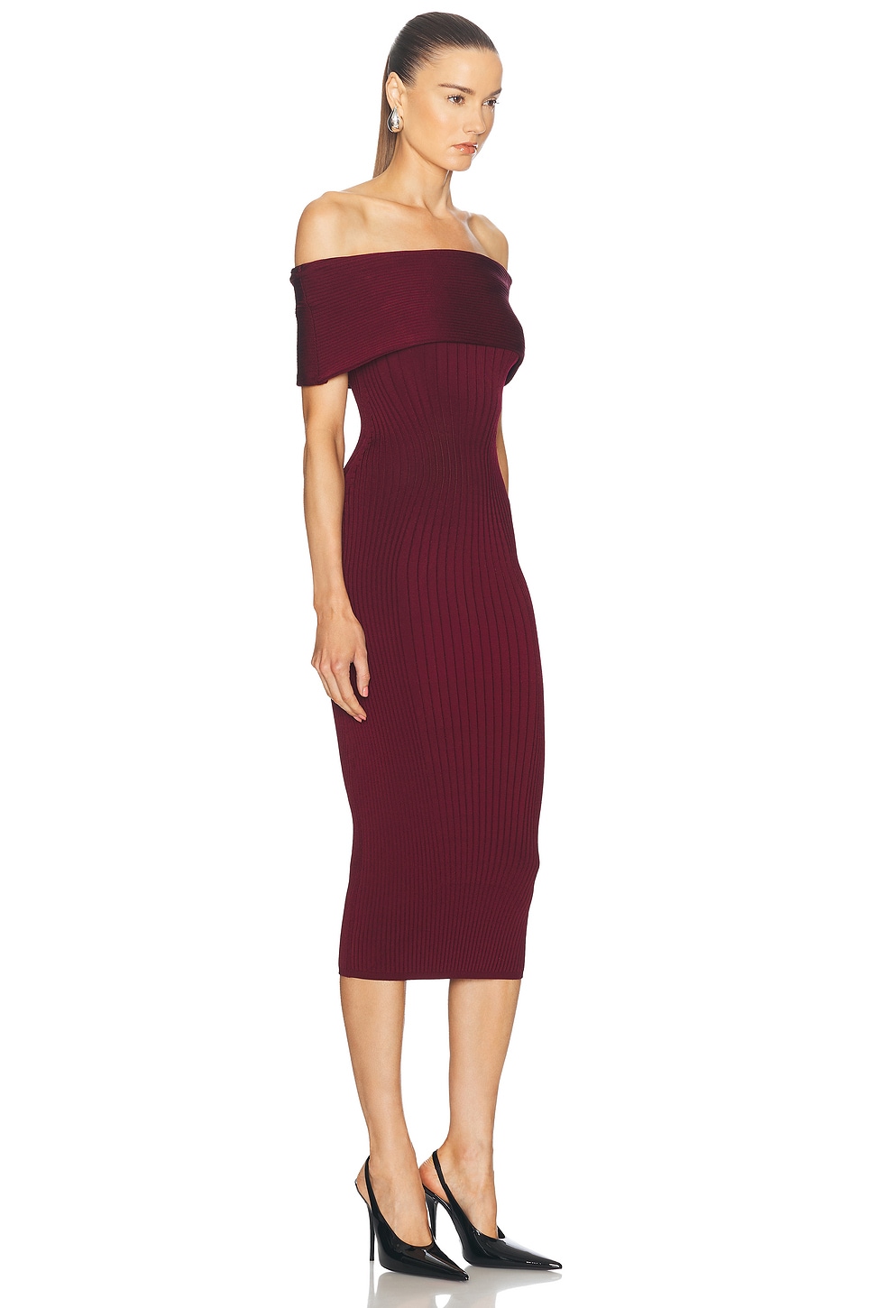 Shop Mugler Off The Shoulder Midi Dress In Blood Red