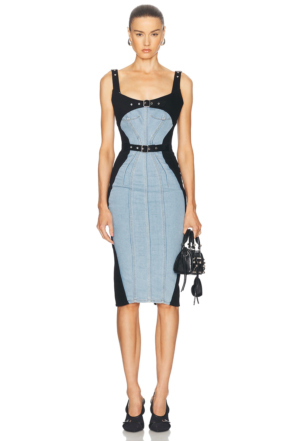 Image 1 of Mugler Denim Midi Dress in Tokyo Blue & Black