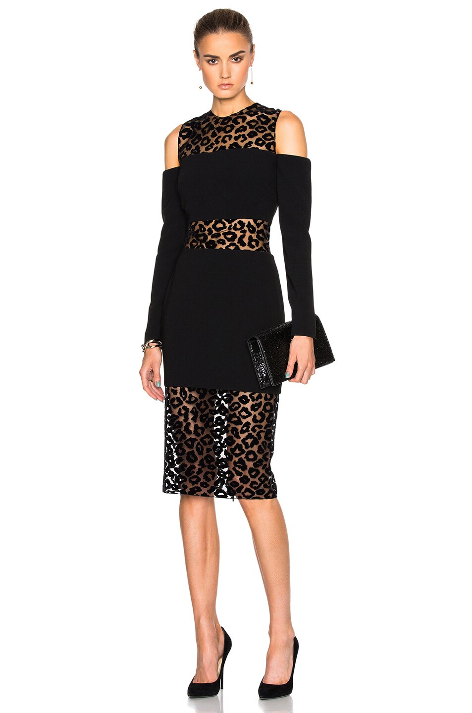 Image 1 of Mugler Leopard Velour & Fitted Cady Dress in Black