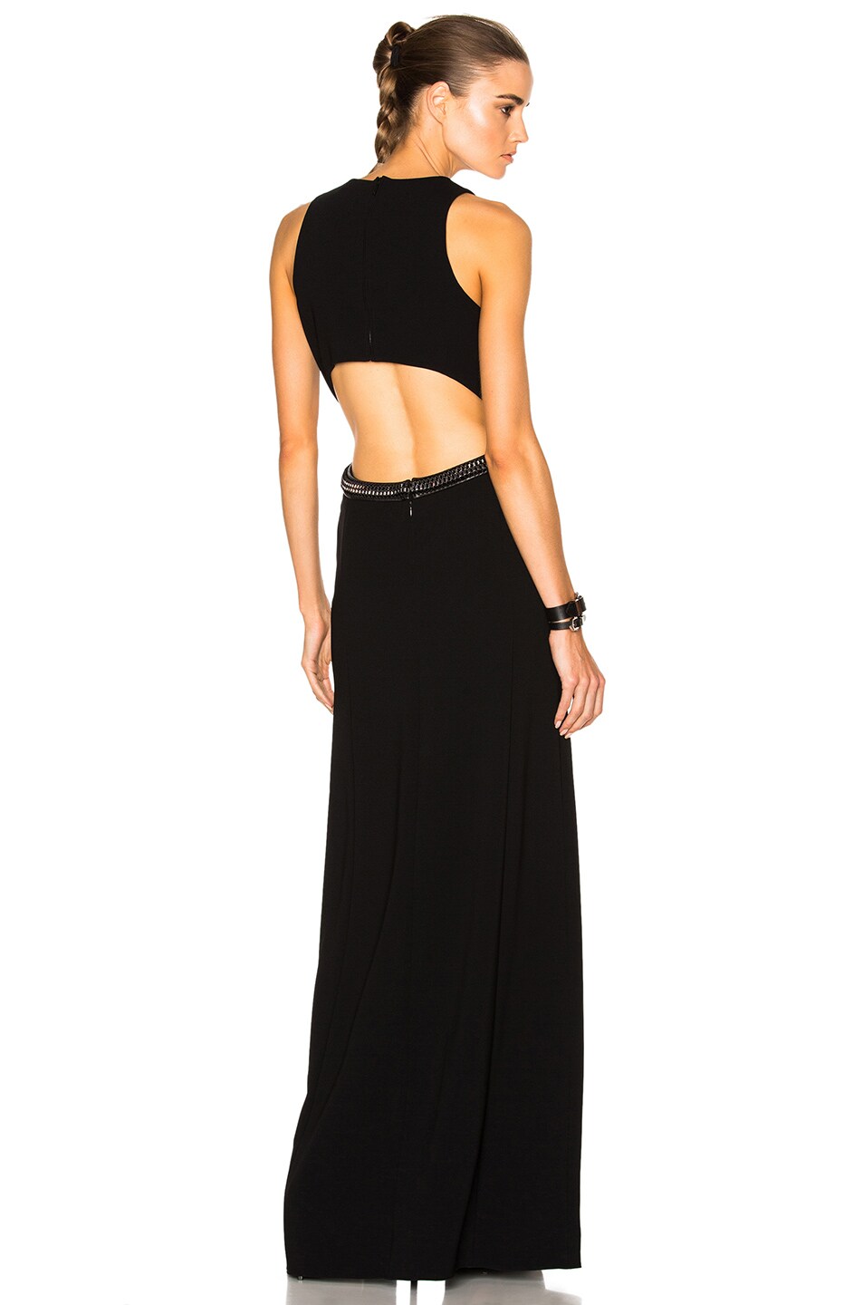 Image 1 of Mugler Fitted Cady & Lace Chain Gown in Black