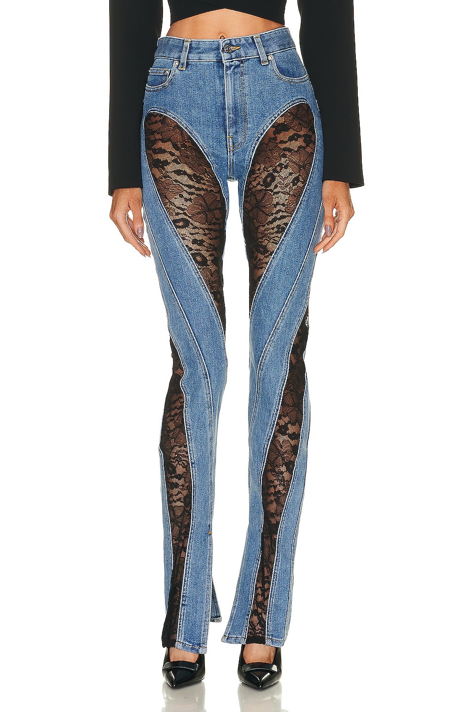 Image 1 of Mugler Lace Spiral Skinny Jean in Medium Blue & Black