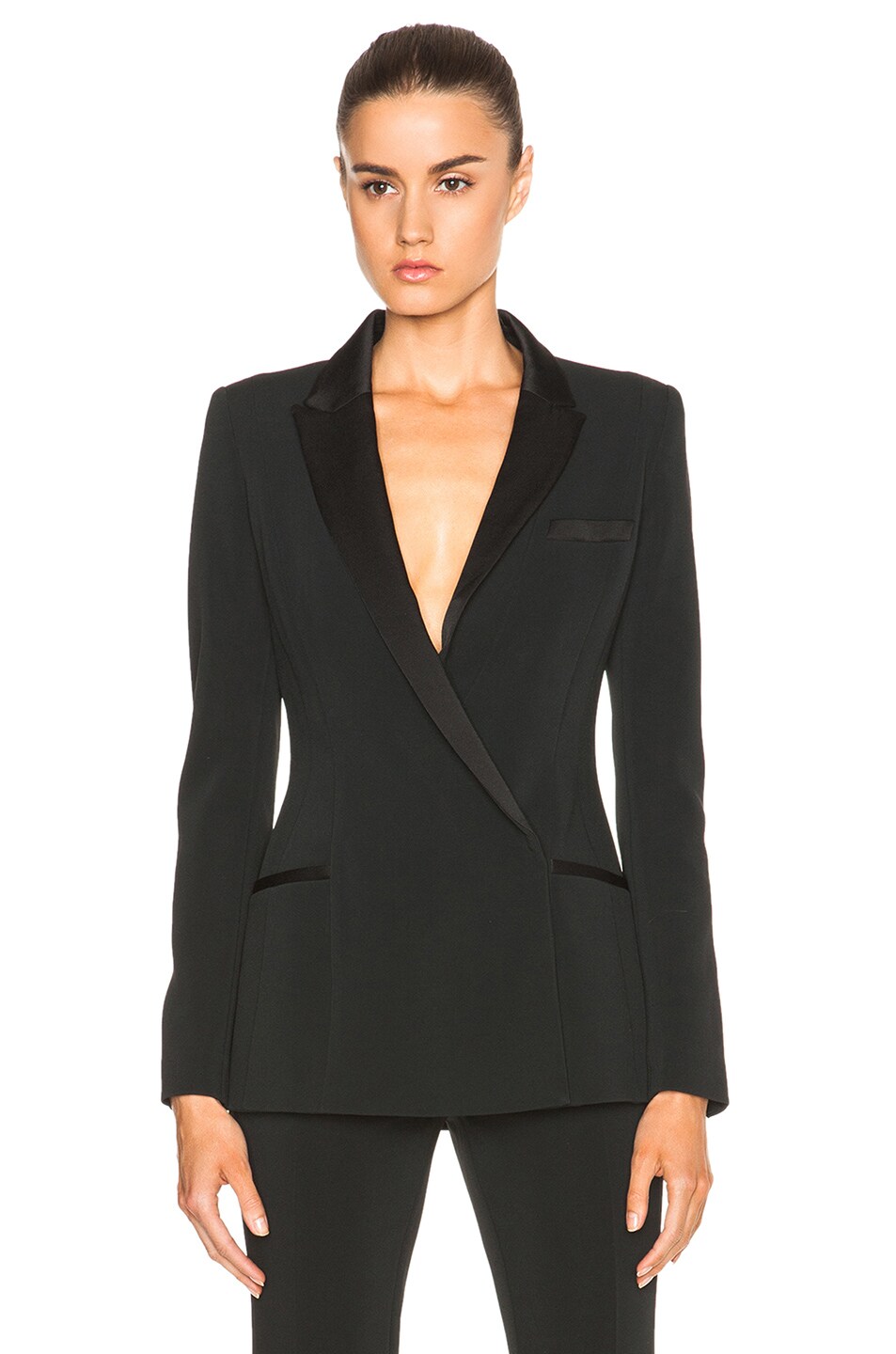 Image 1 of Mugler Fitted Cady & Draped Satin Blazer in Black